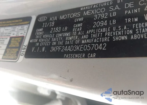 2019 Kia Forte Lxs из США, поврежденный, VIN 3KPF24AD3KE057042